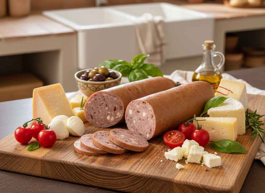 Kochsalami mediterran mit Käse und Tomaten